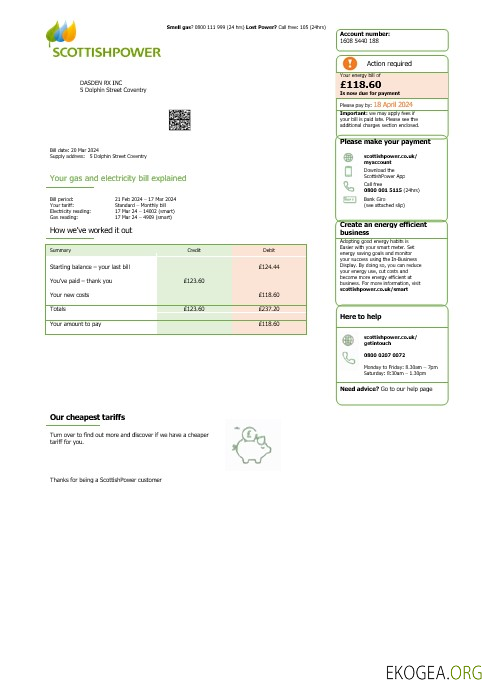 Modèle Word et PDF de facture de services publics pour les entreprises Scottish Power du Royaume Uni